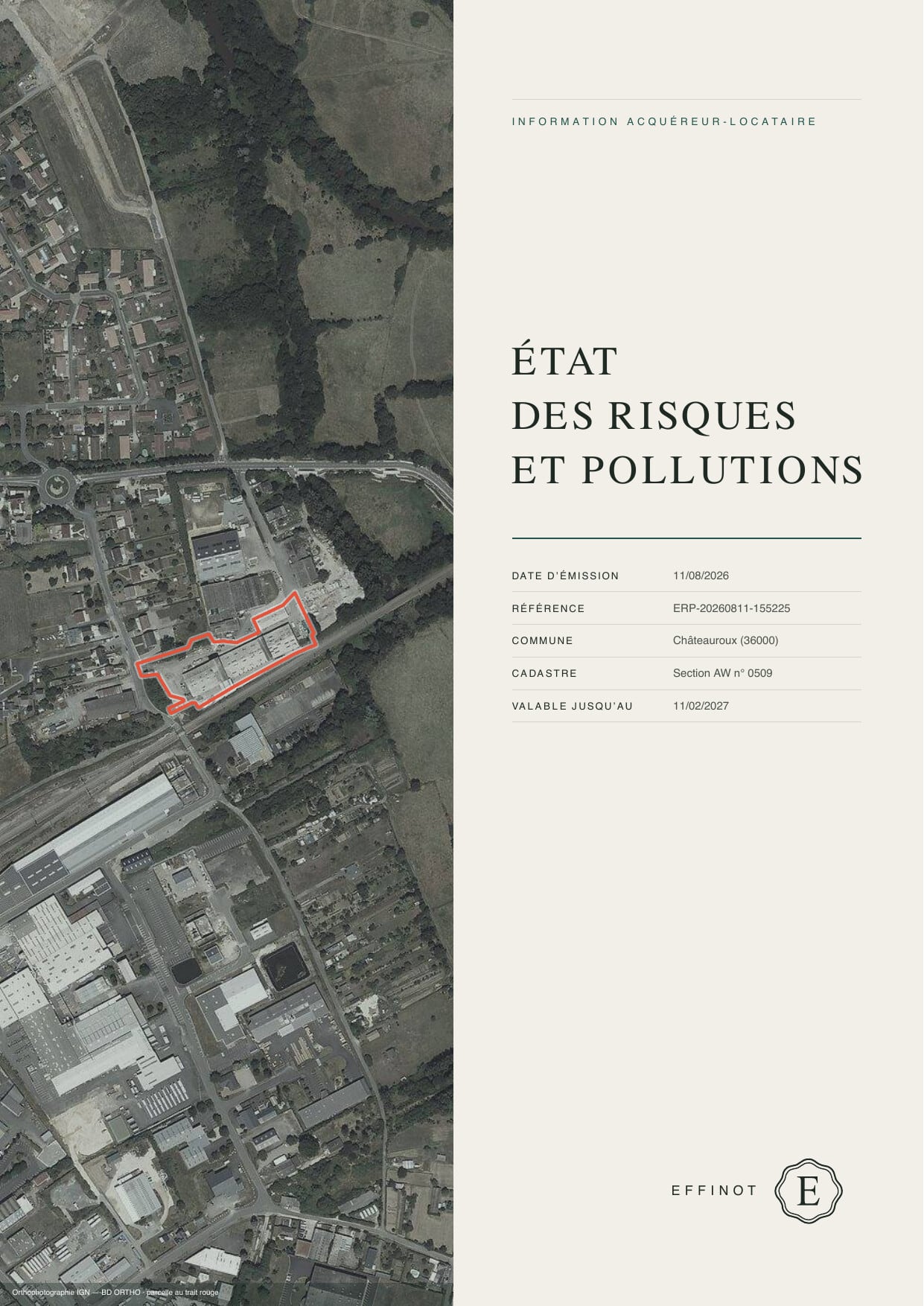 Page de garde d'un état des risques et pollutions produit par Effinot : vue aérienne de la parcelle, commune, référence cadastrale, date d'émission et date de fin de validité