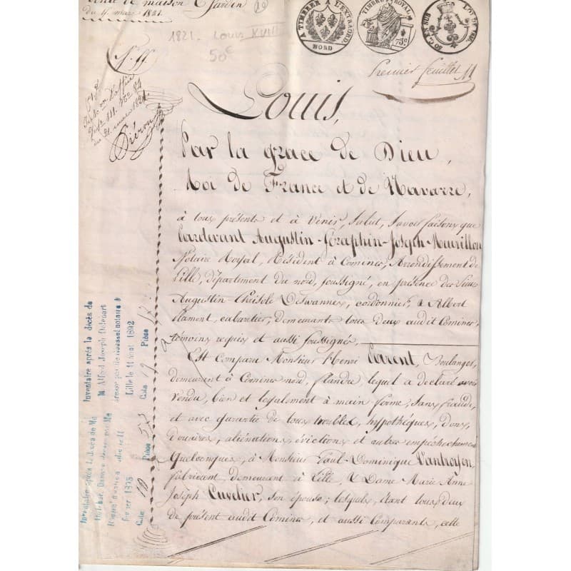 Acte notarié manuscrit de 1821 : vente de maison rédigée sous le règne de Louis XVIII, timbres royaux en tête