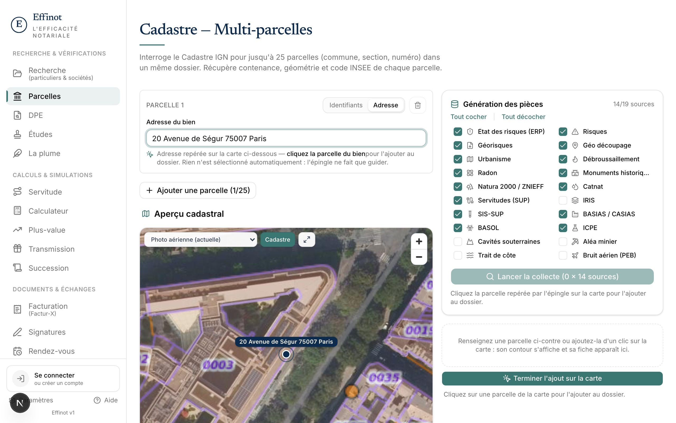 Outil Parcelles : bien repéré sur le cadastre à partir d'une adresse ou de références cadastrales, avec la liste des pièces à collecter